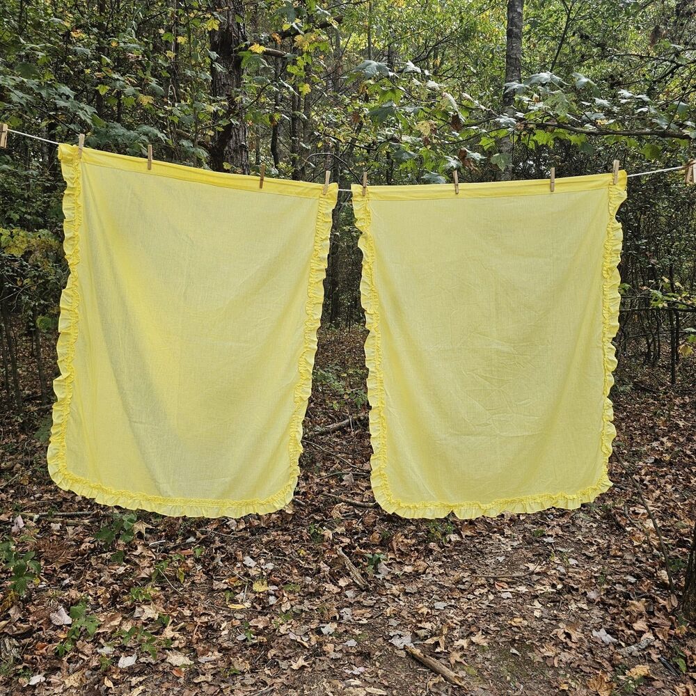 1970s Pair Vintage Sears Yellow Ruffled Cottage Curtain Panels 72"x44"